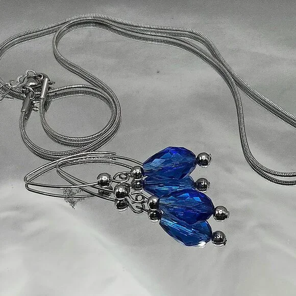 Stainless Steel Cobalt Blue Crystal Necklace and Earings Set - Picture 2 of 12